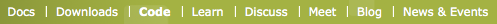 Top-level site menu with 'Code' highlighted