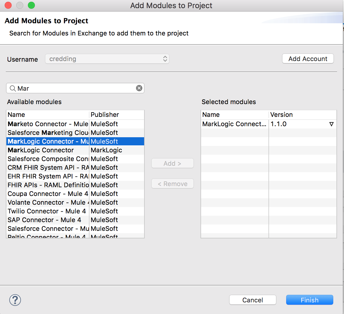 Searching and adding MarkLogic 1.1.0 in Add Modules