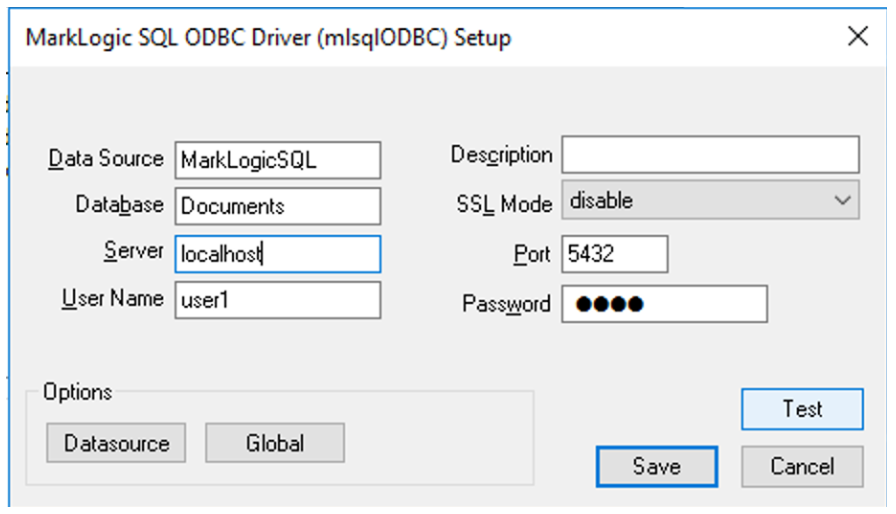 MarkLogic SQL ODBC Driver Setup Dialogue Box